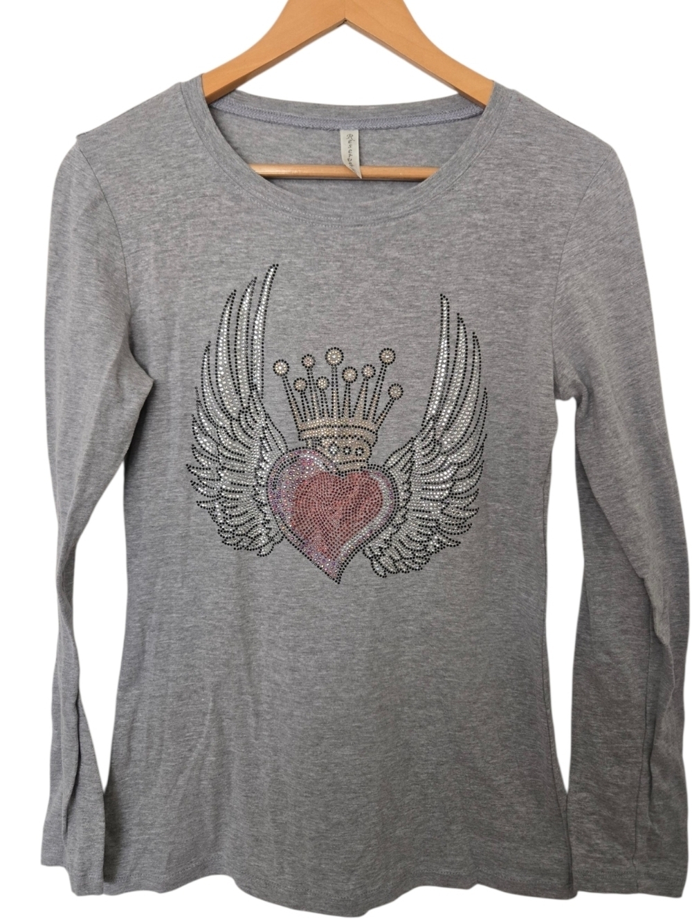 Y2K Rhinestone Heart Wings Crown Graphic Long Sleeve Tee XL Glam Rock Top